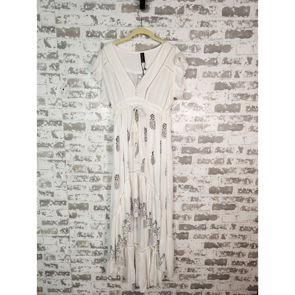 Boho High Low Maxi Dress White One Size Ruffle Eyelet Cottagecore Festival